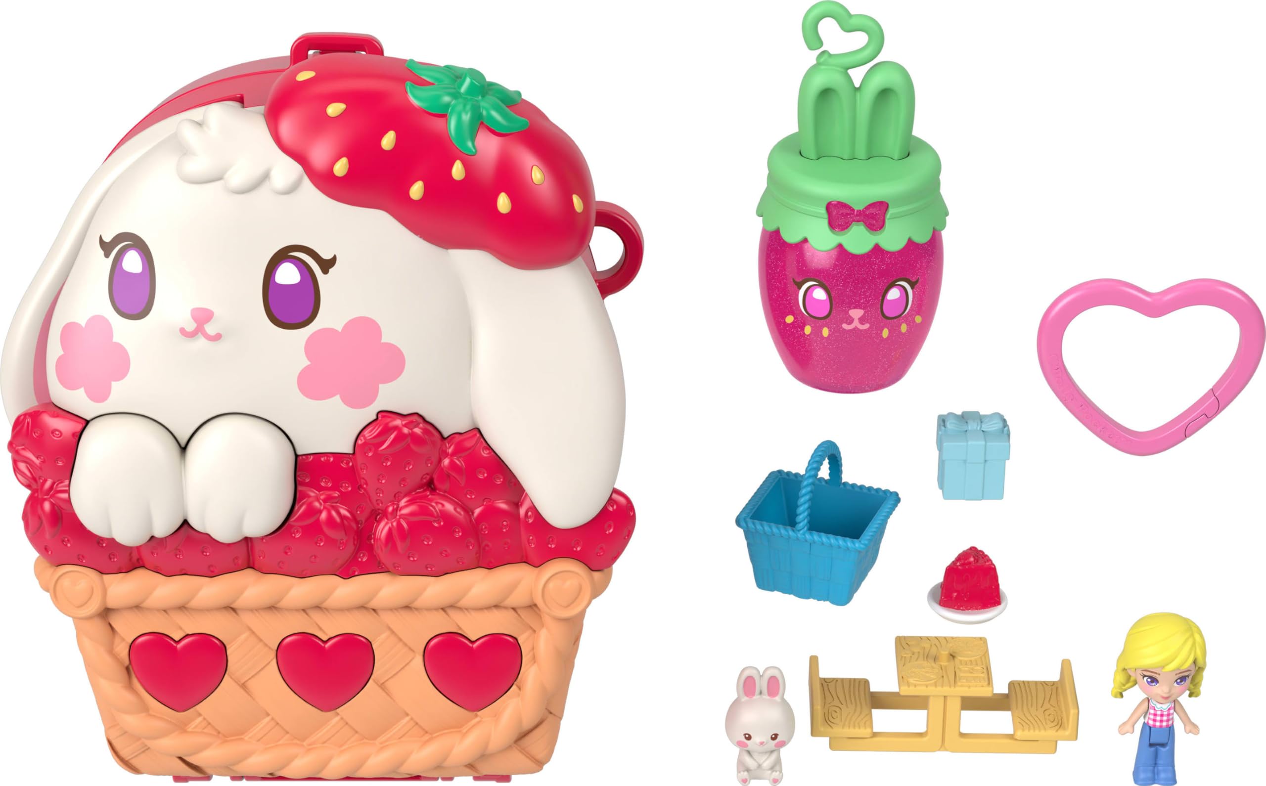 Polly Pocket Puppen und Spielset, Erdbeer-Picknick Häschen-Schatulle, Reisespielzeug mit 1 Mikropuppe, Haustier und Zubehörteilen mit Obstmotiven, JKC47