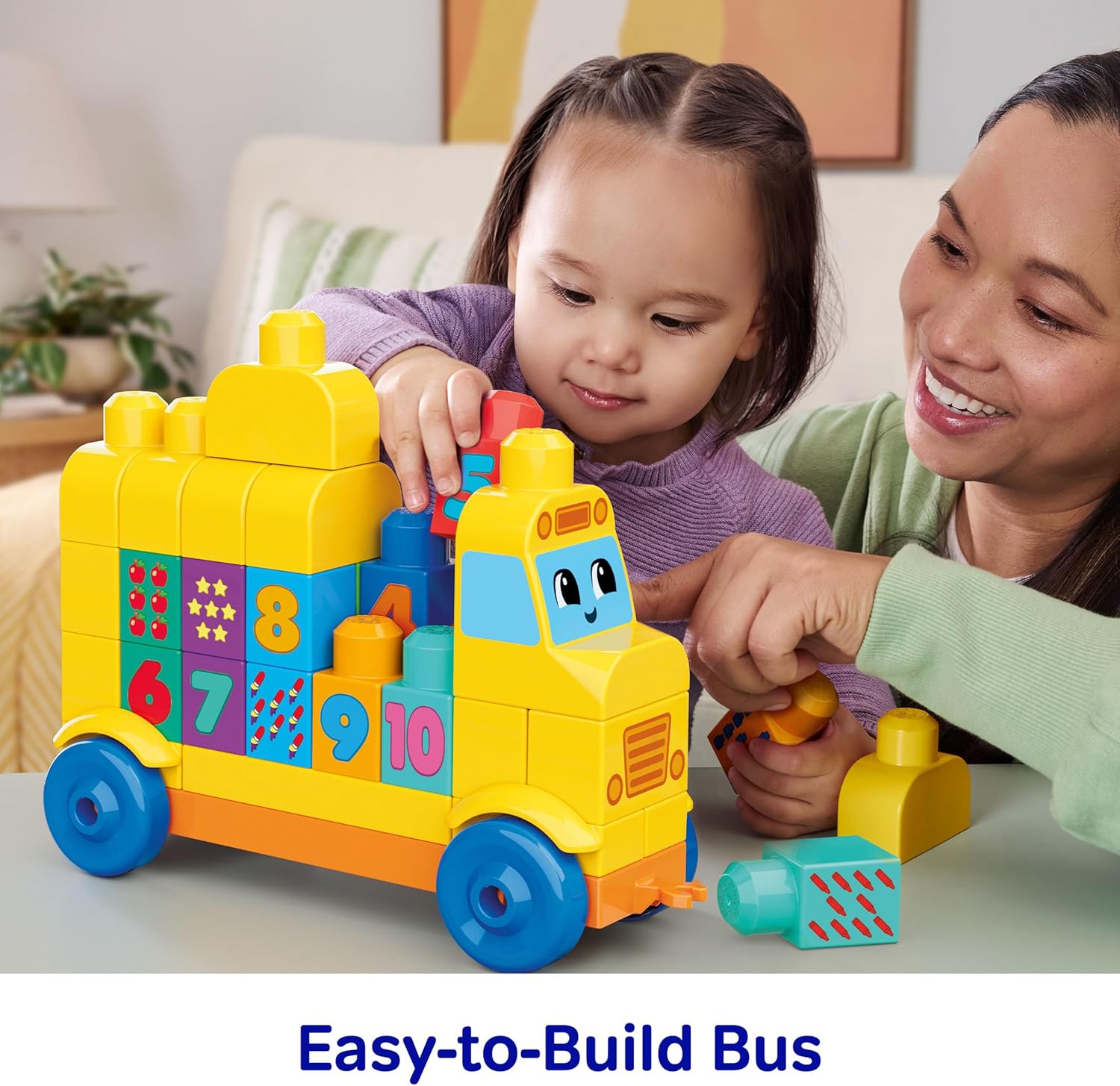 MEGA BLOKS First Builders Toddler Block Toys Set, Build & Count Bus 45 Pieces, Learn Numbers and Counting, Yellow, Ages 1+ Years, JKG34