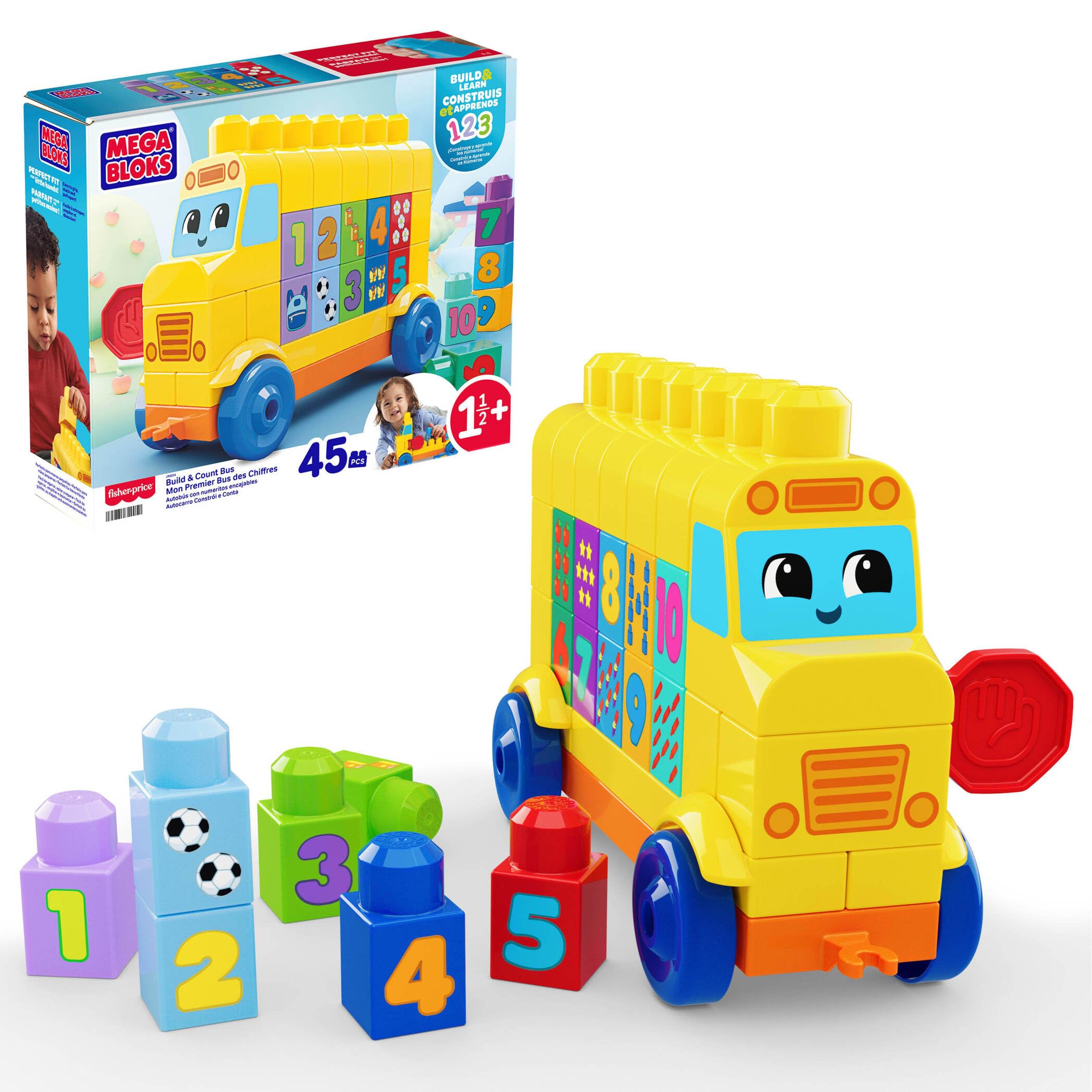 MEGA BLOKS First Builders Toddler Block Toys Set, Build & Count Bus 45 Pieces, Learn Numbers and Counting, Yellow, Ages 1+ Years, JKG34