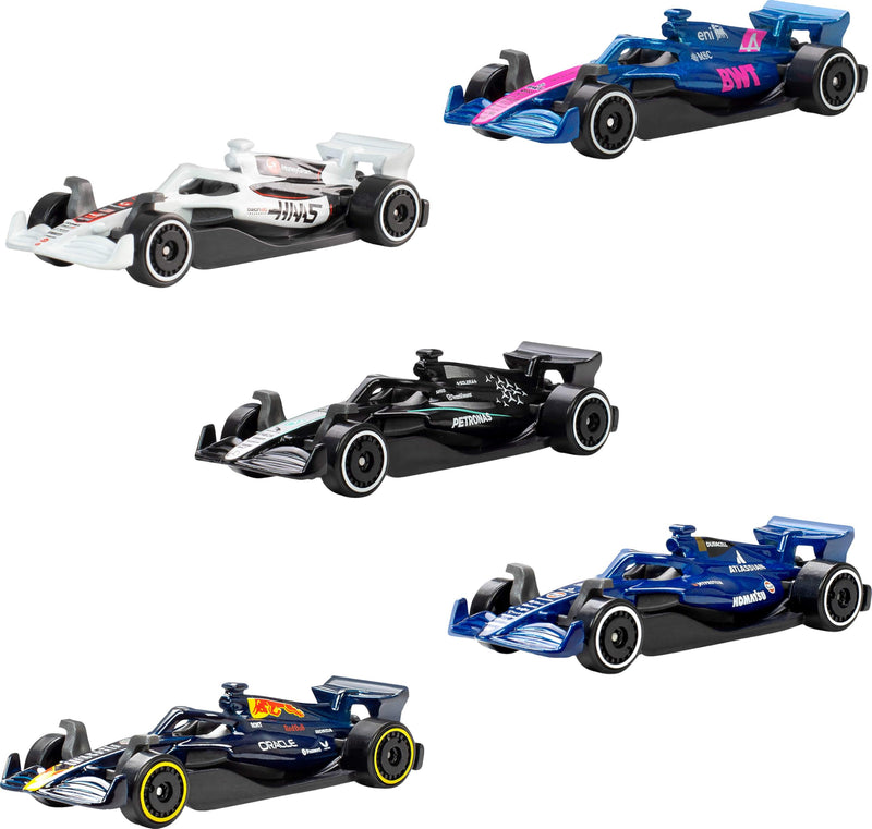 Hot Wheels 1:64 Scale 5-Pack Formula 1 Die-Cast Toy Cars, Set of 5 Officially Licensed, Collectible F1 Race Cars for Play or Display