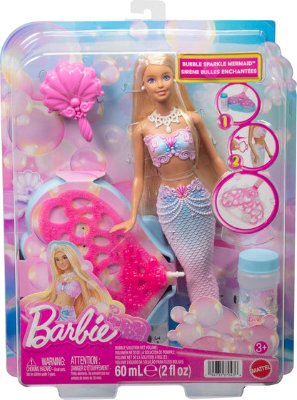 Barbie Bubble Sparkle Mermaid Doll with Bubble-Making Feature & Solution, Tray & Hairbrush, Plus Long, Color-Streaked Blonde Hair, JLW56