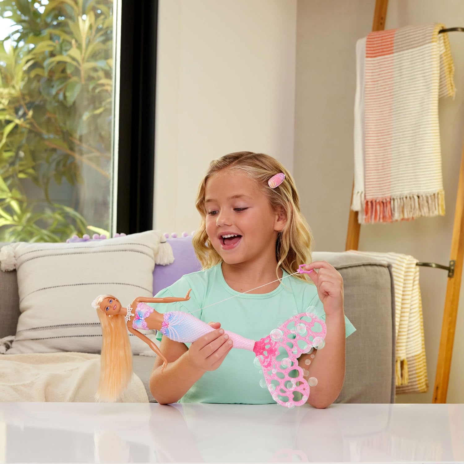 Barbie Bubble Sparkle Mermaid Doll with Bubble-Making Feature & Solution, Tray & Hairbrush, Plus Long, Color-Streaked Blonde Hair, JLW56