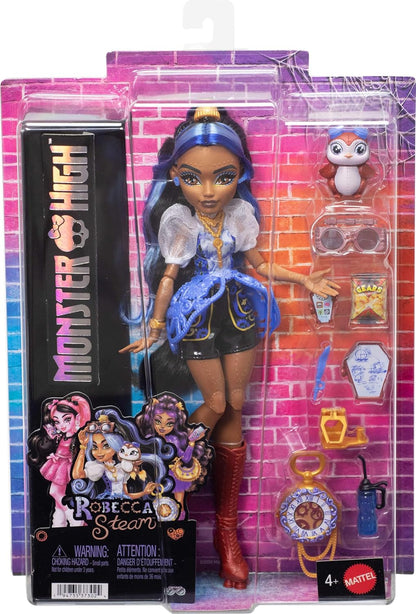 Monster High Doll, Robecca Steam in Blue Blouse and Black Shorts with Pet Penguin Captain Penny and 7 Accessories like Flying Goggles and Purse, JMB81