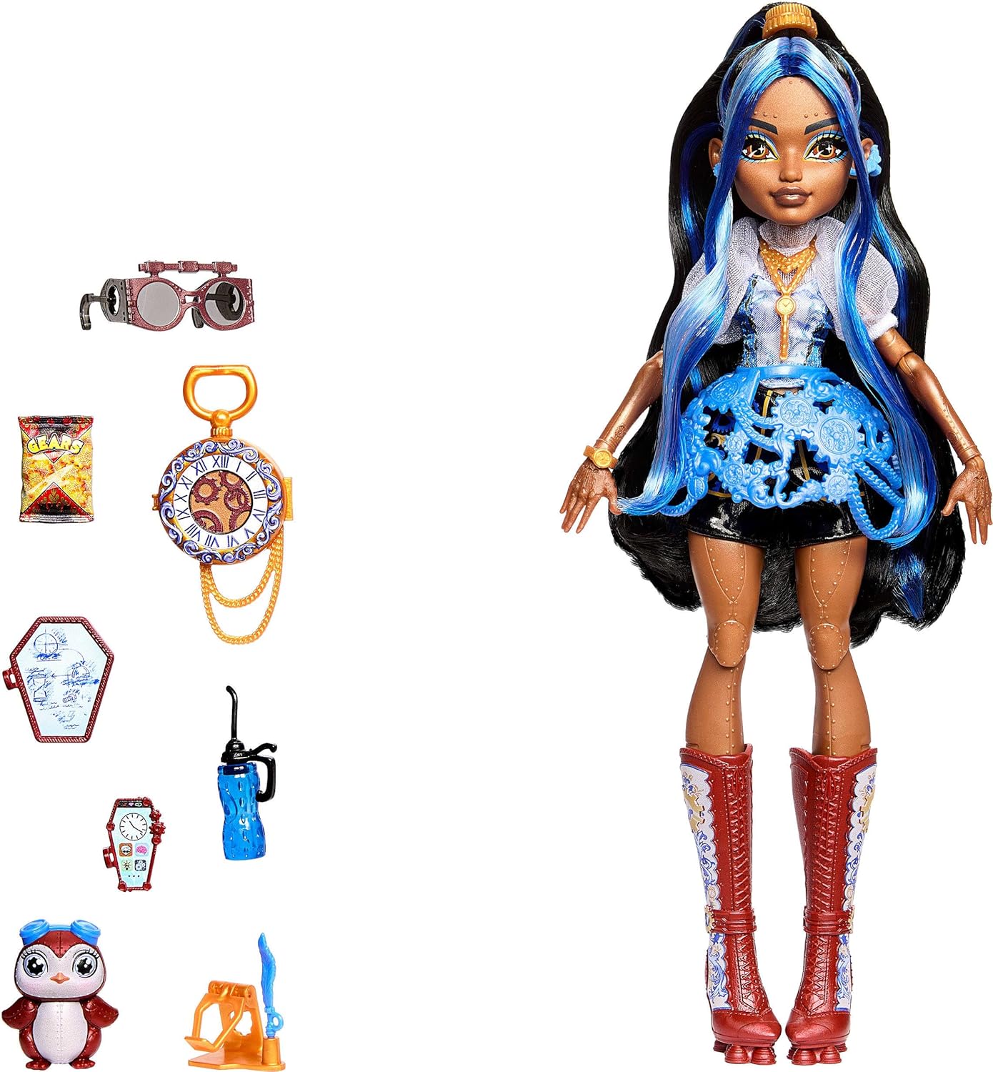 Monster High Doll, Robecca Steam in Blue Blouse and Black Shorts with Pet Penguin Captain Penny and 7 Accessories like Flying Goggles and Purse, JMB81