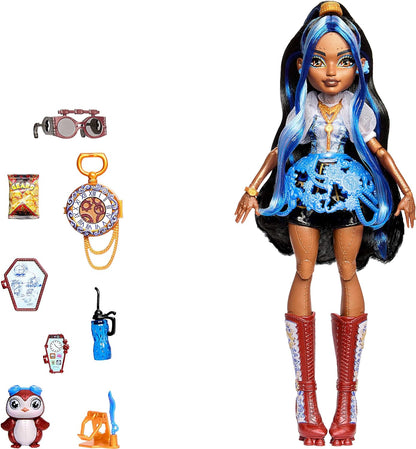 Monster High Doll, Robecca Steam in Blue Blouse and Black Shorts with Pet Penguin Captain Penny and 7 Accessories like Flying Goggles and Purse, JMB81