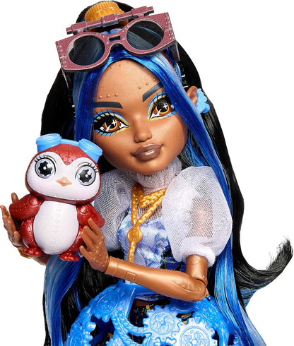 Monster High Doll, Robecca Steam in Blue Blouse and Black Shorts with Pet Penguin Captain Penny and 7 Accessories like Flying Goggles and Purse, JMB81
