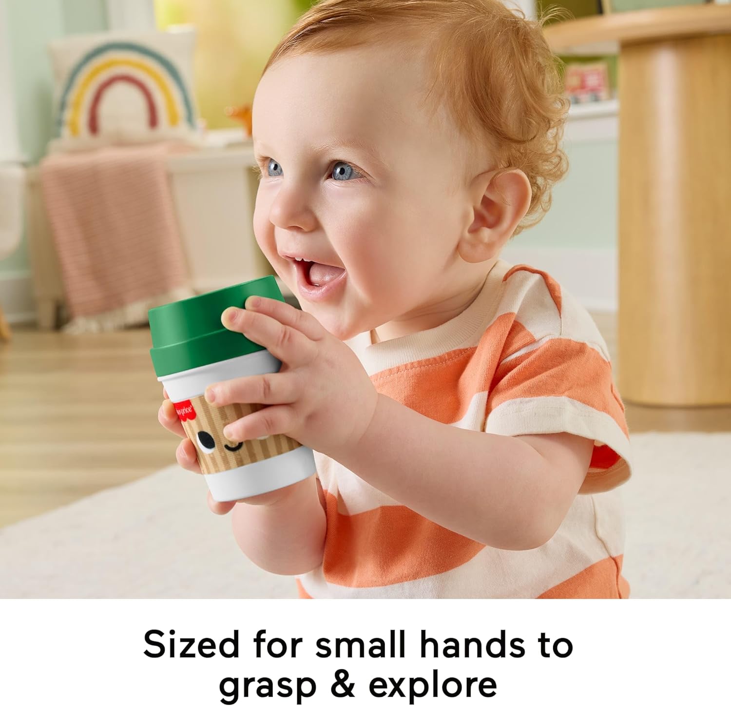 Fisher-Price Baby Toy Mini Me Moments Coffee Cup Teether Newborn Rattle with BPA-Free Lid for Sensory Play Infants Ages 3+ Months