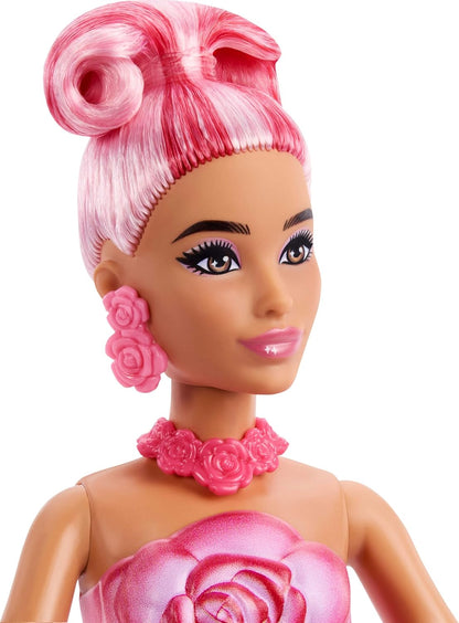 Barbie Petal Pop Scented Doll with Rose Dress & Accessories, Bouquet Reveal with Pet Bunny & Surprises like Watering Can, Necklace & Earrings, JMF59