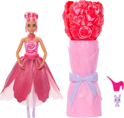 Barbie Petal Pop Scented Doll with Rose Dress & Accessories, Bouquet Reveal with Pet Bunny & Surprises like Watering Can, Necklace & Earrings, JMF59