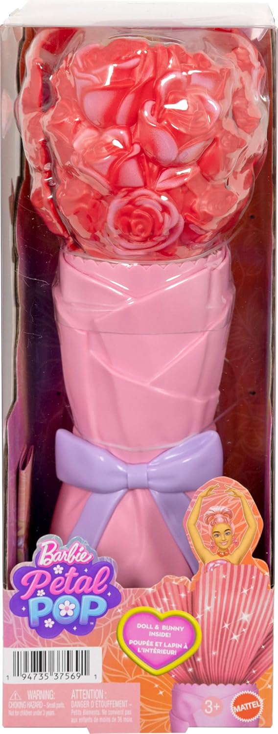 Barbie Petal Pop Scented Doll with Rose Dress & Accessories, Bouquet Reveal with Pet Bunny & Surprises like Watering Can, Necklace & Earrings, JMF59