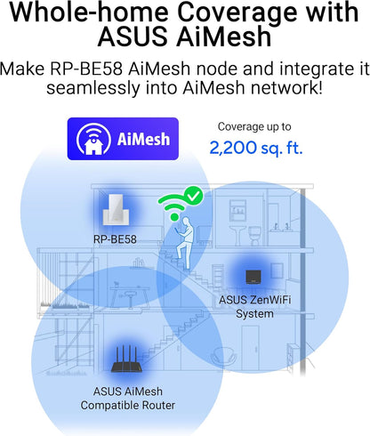 ASUS RP-BE58 BE3600 Dual Band WiFi 7 AiMesh Repeater (Range Extender, up to 3,600 Mbps, Seamless Mesh WiFi, Easy Setup via App