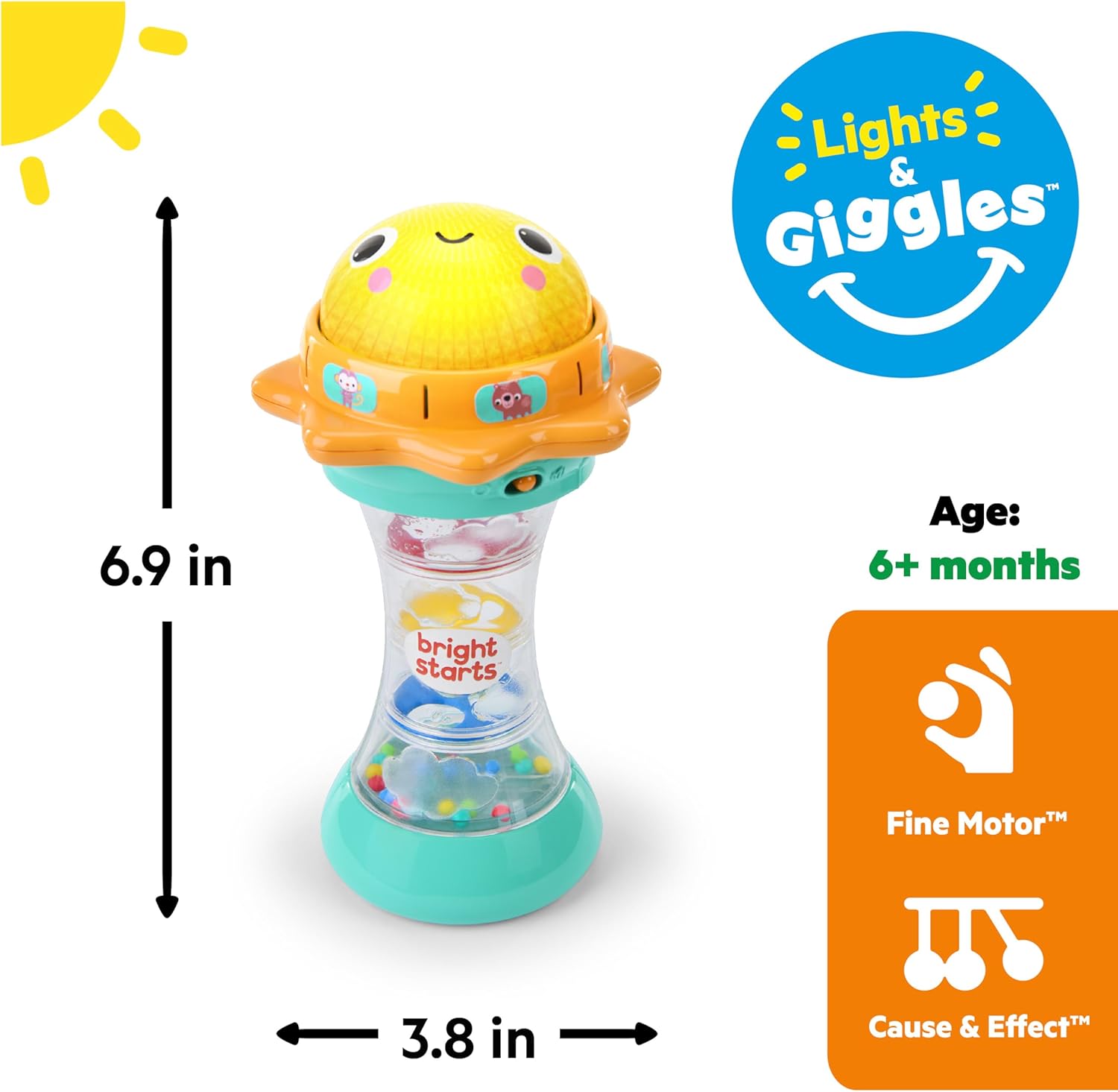 Bright Starts, Linterna Just for Sun con Sonidos de Animales, Cuentas Estilo Palo de Lluvia y Espejo, Juguete Interactivo Unisex para Bebés Desde 6 Meses