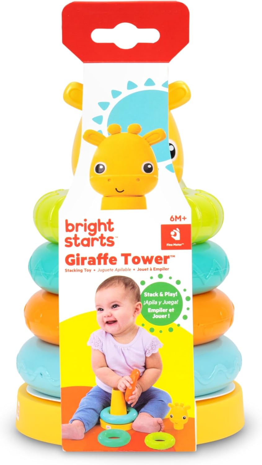Bright Starts, Torre Giraffa Gioco ad Impilare, Giocattolo Sensoriale Multicolore per Bambini, Unisex, 6+ Mesi, Stimola Coordinazione e Abilità Motorie