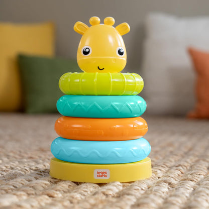 Bright Starts, Torre Giraffa Gioco ad Impilare, Giocattolo Sensoriale Multicolore per Bambini, Unisex, 6+ Mesi, Stimola Coordinazione e Abilità Motorie