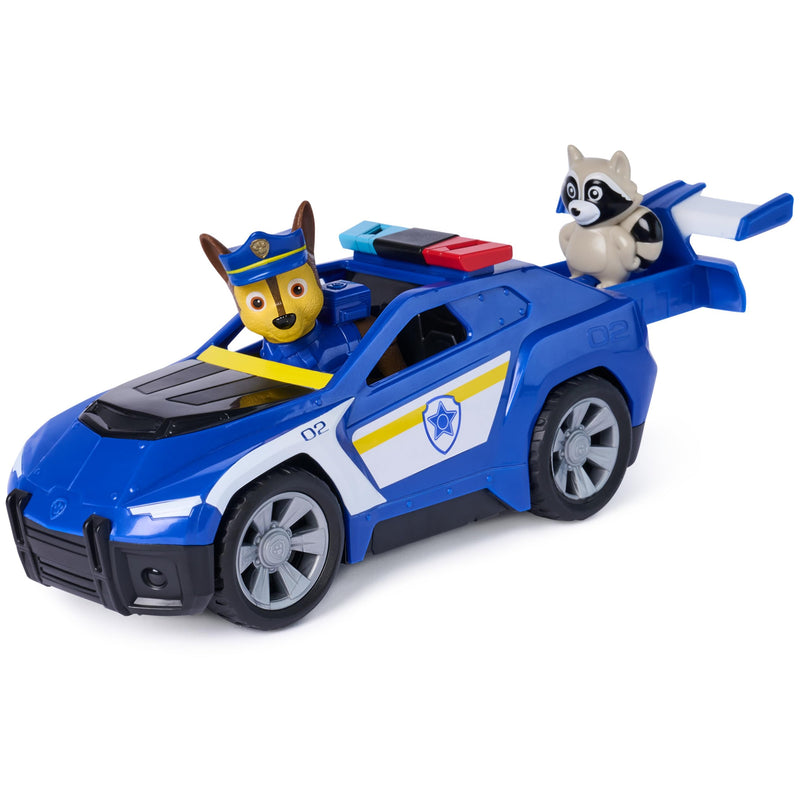 PAW PATROL - Search & Rescue: Chase' Rescue Cruiser, Polizei-Fahrzeug mit Rückziehmotor, ca. 15 cm, inkl. Hunde-Figur & Waschbär, detailgetreues Design zur Serie, Spielzeug ab 3 Jahren
