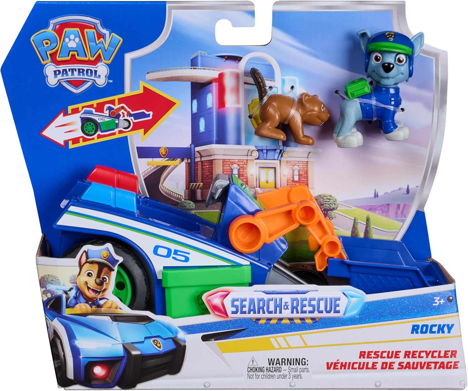 Paw Patrol: Search & Rescue, Rocky Rescue Recycler Vehicle with 2 Figures, Toy Car with Pull-Back Action, Kids Toys for Boys and Girls Ages 3+