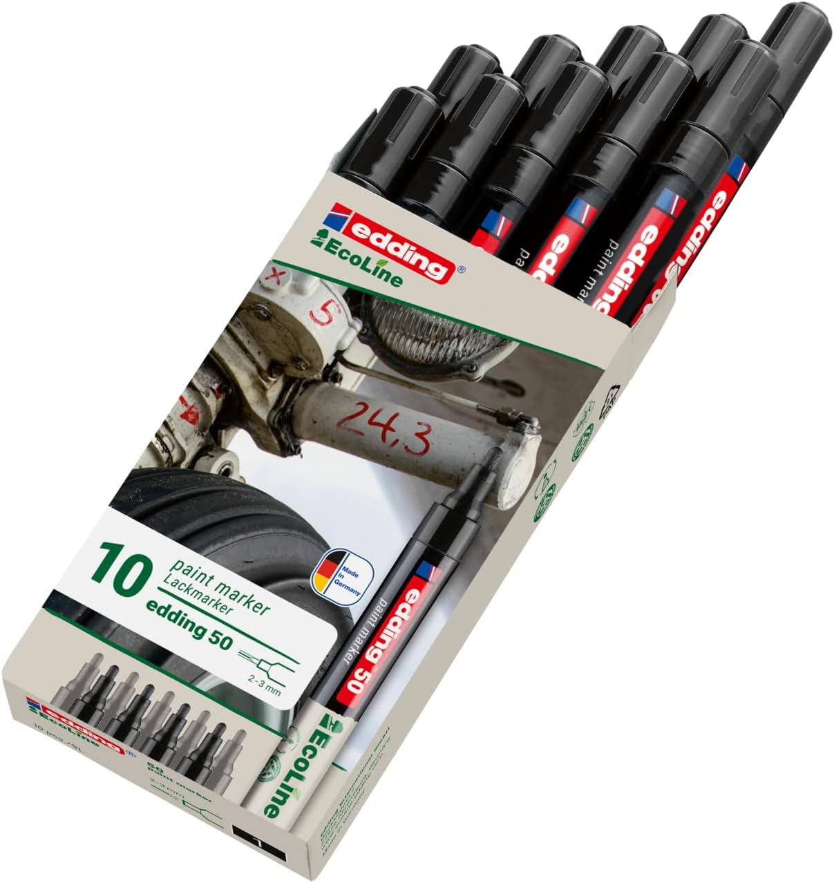 edding 50 EcoLine paint marker – black – pack of 10 – round nib 2-3 mm – water-based ink, highly opaque & waterproof – pen for glass, stone, wood, plastic and paper