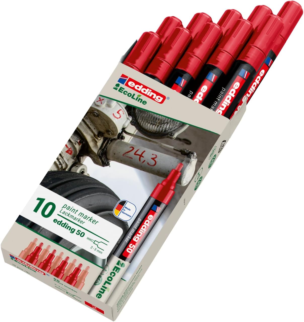 edding 50 EcoLine paint marker – red – pack of 10 – round nib 2-3 mm – water-based ink, highly opaque & waterproof – pen for glass, stone, wood, plastic and paper
