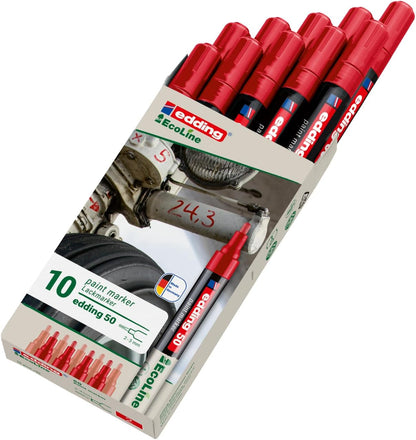 edding 50 EcoLine paint marker – red – pack of 10 – round nib 2-3 mm – water-based ink, highly opaque & waterproof – pen for glass, stone, wood, plastic and paper
