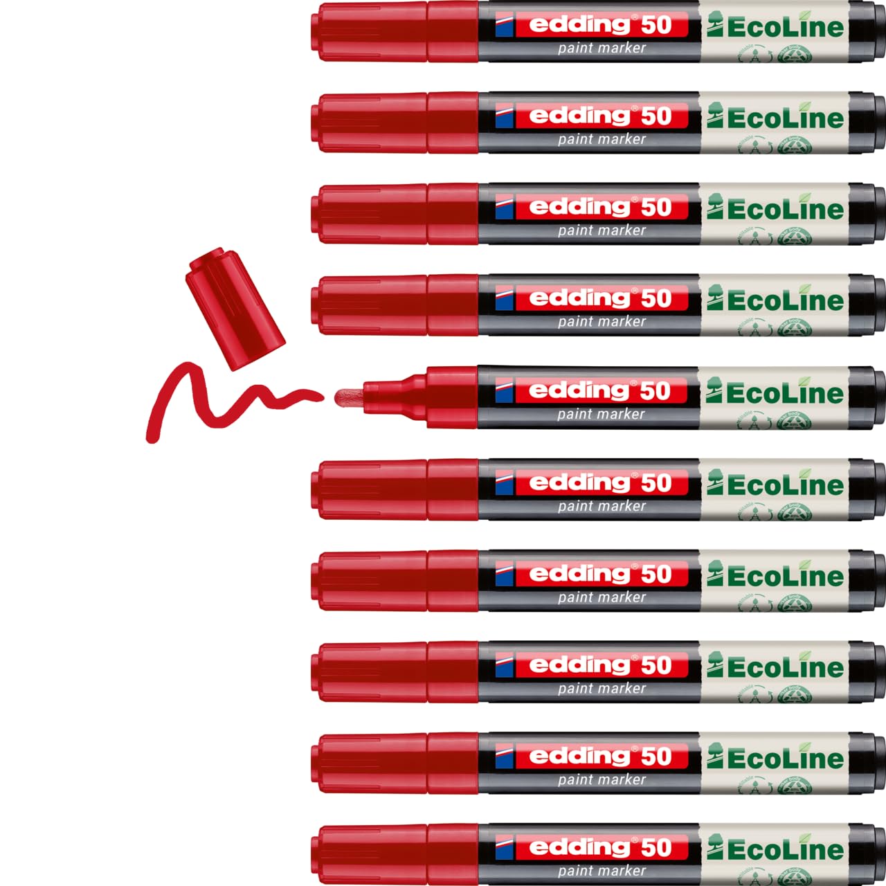 edding 50 EcoLine paint marker – red – pack of 10 – round nib 2-3 mm – water-based ink, highly opaque & waterproof – pen for glass, stone, wood, plastic and paper