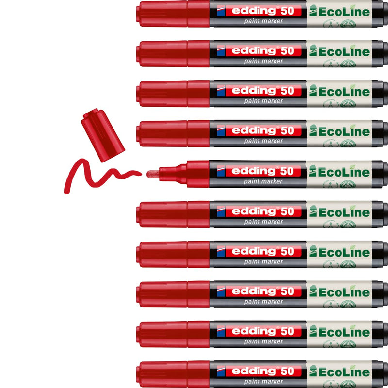 edding 50 EcoLine paint marker – red – pack of 10 – round nib 2-3 mm – water-based ink, highly opaque & waterproof – pen for glass, stone, wood, plastic and paper