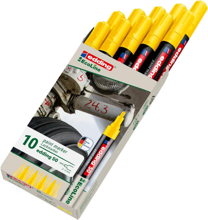 edding 50 EcoLine paint marker – yellow – pack of 10 – round nib 2-3 mm – water-based ink, highly opaque & waterproof – pen for glass, stone, wood, plastic and paper