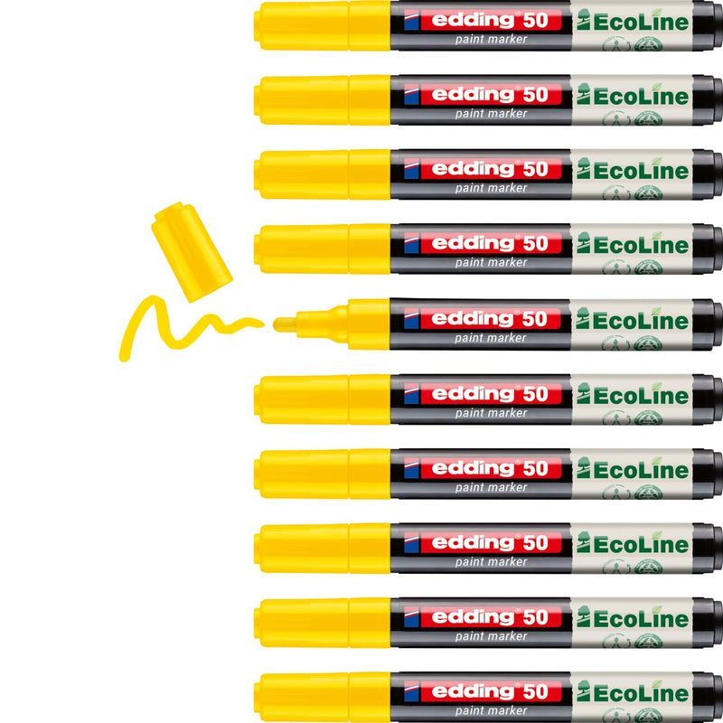 edding 50 EcoLine paint marker – yellow – pack of 10 – round nib 2-3 mm – water-based ink, highly opaque & waterproof – pen for glass, stone, wood, plastic and paper