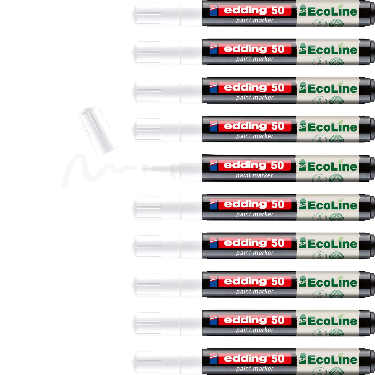 edding 50 EcoLine paint marker – white – pack of 10 – round nib 2-3 mm – water-based ink, highly opaque & waterproof – pen for glass, stone, wood, plastic and paper