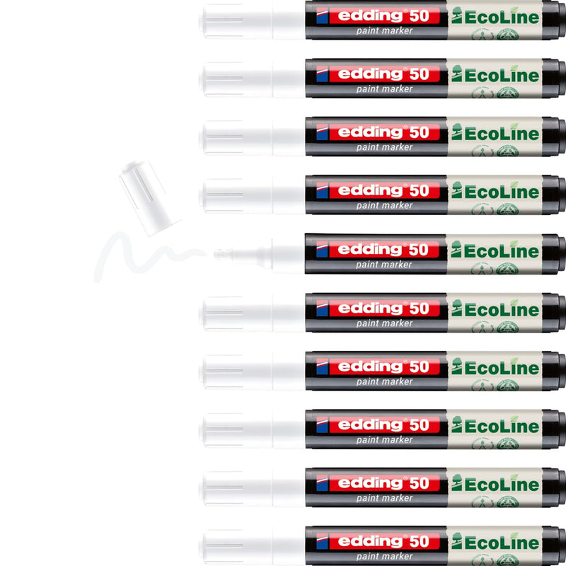 edding 50 EcoLine paint marker – white – pack of 10 – round nib 2-3 mm – water-based ink, highly opaque & waterproof – pen for glass, stone, wood, plastic and paper