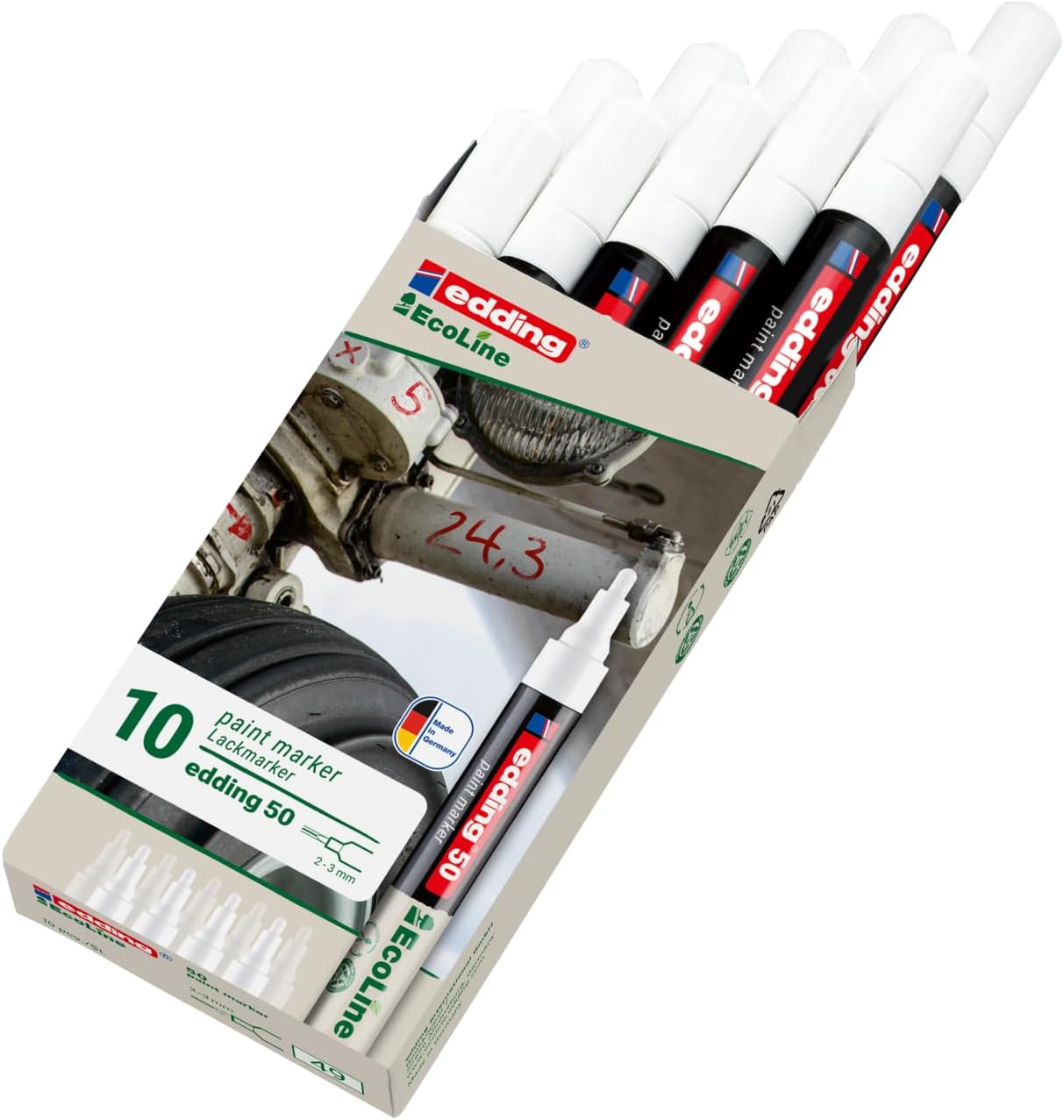 edding 50 EcoLine paint marker – white – pack of 10 – round nib 2-3 mm – water-based ink, highly opaque & waterproof – pen for glass, stone, wood, plastic and paper
