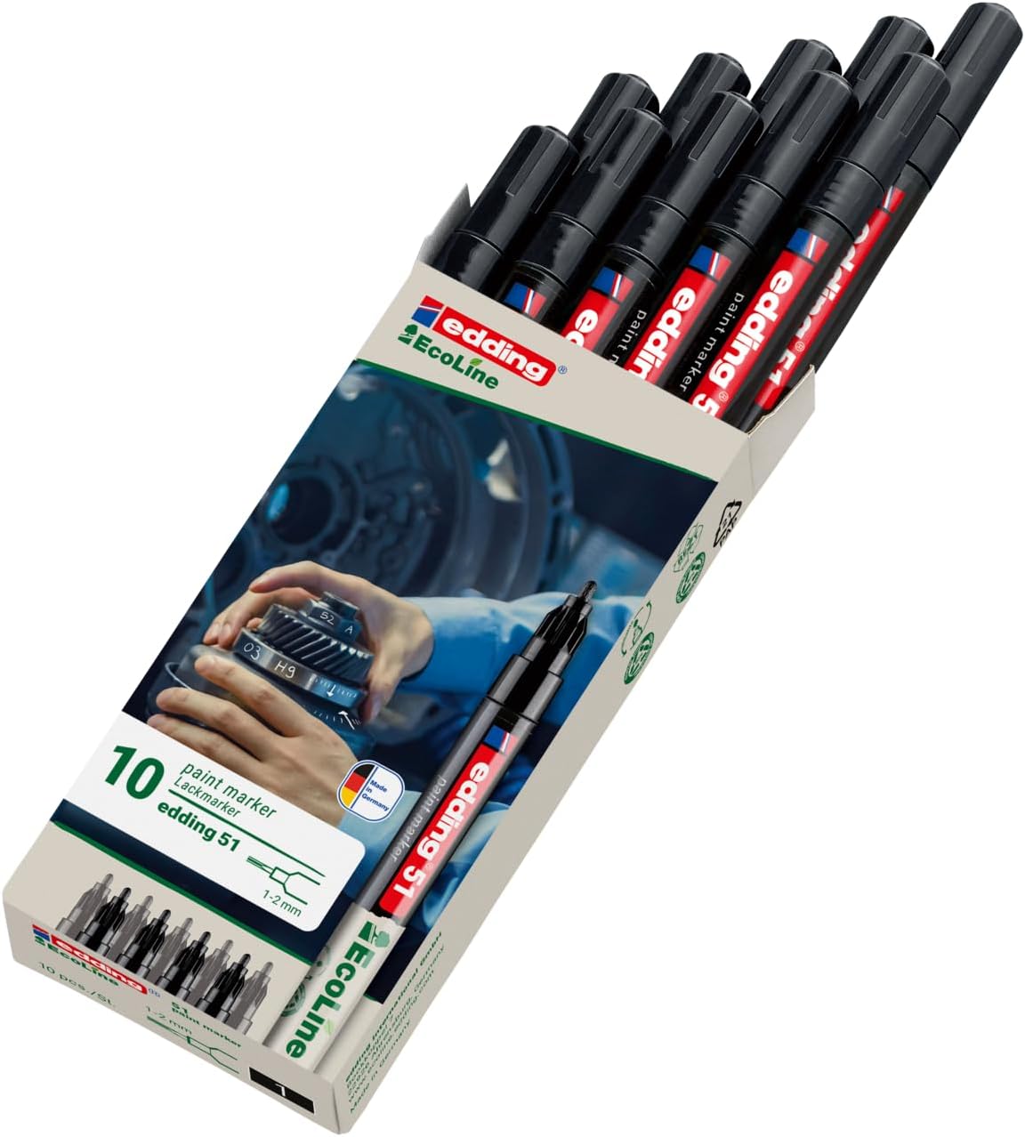 edding 51 EcoLine paint marker – black – pack of 10 – round nib 1-2 mm – water-based ink, highly opaque & waterproof – pen for glass, stone, wood, plastic and paper