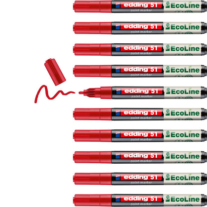 edding 51 EcoLine paint marker – red – pack of 10 – round nib 1-2 mm – water-based ink, highly opaque & waterproof – pen for glass, stone, wood, plastic and paper