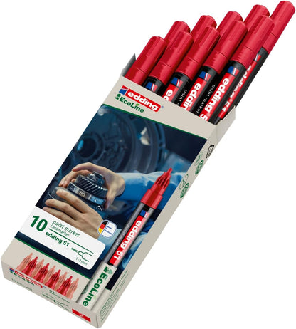 edding 51 EcoLine paint marker – red – pack of 10 – round nib 1-2 mm – water-based ink, highly opaque & waterproof – pen for glass, stone, wood, plastic and paper