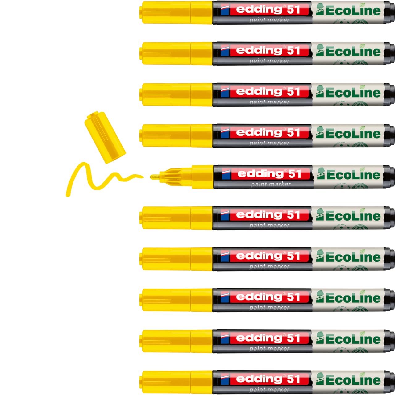 edding 51 EcoLine paint marker – yellow – pack of 10 – round nib 1-2 mm – water-based ink, highly opaque & waterproof – pen for glass, stone, wood, plastic and paper