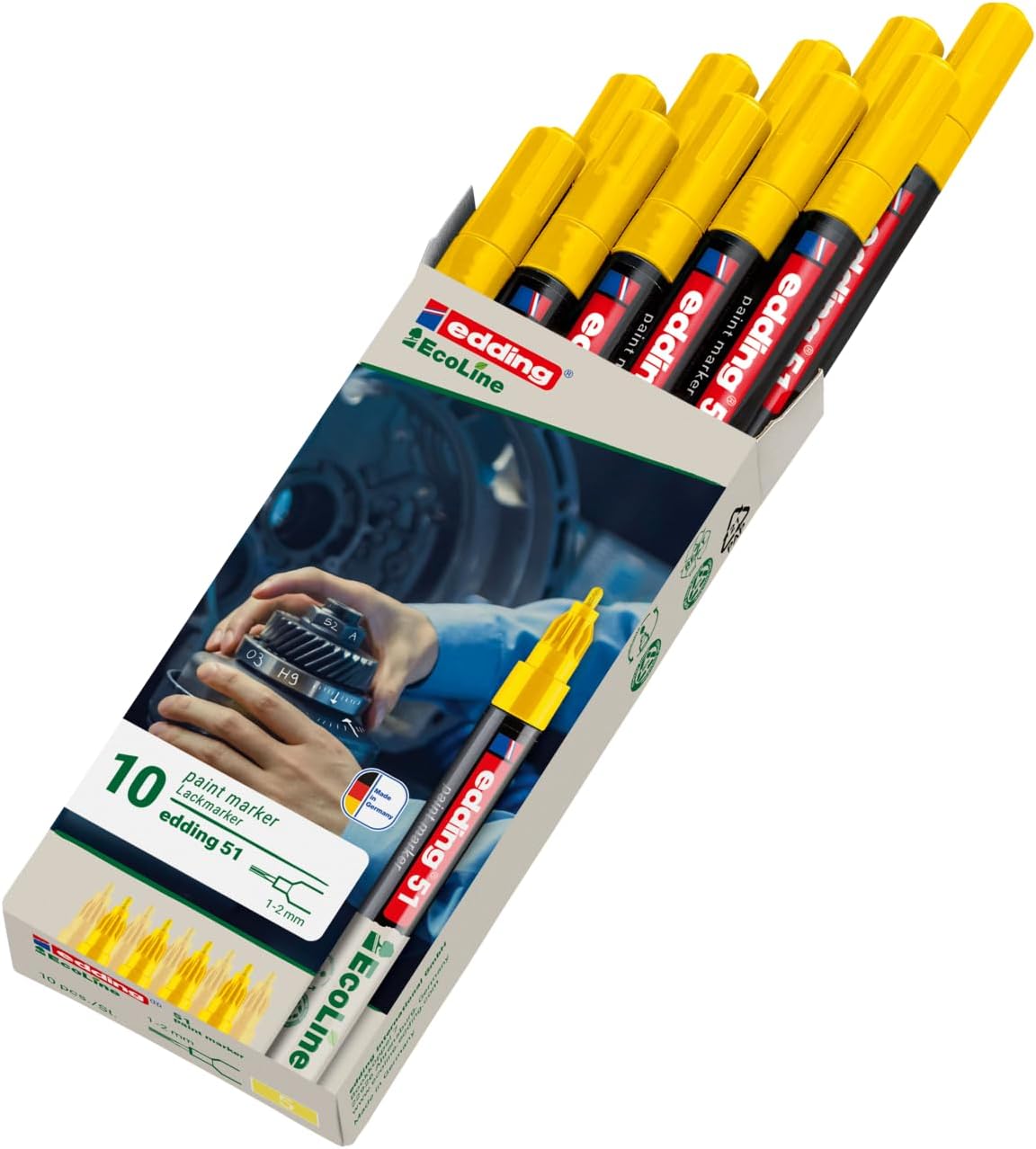 edding 51 EcoLine paint marker – yellow – pack of 10 – round nib 1-2 mm – water-based ink, highly opaque & waterproof – pen for glass, stone, wood, plastic and paper