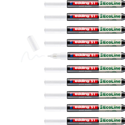 edding 51 EcoLine paint marker – white – pack of 10 – round nib 1-2 mm – water-based ink, highly opaque & waterproof – pen for glass, stone, wood, plastic and paper