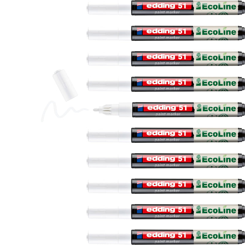edding 51 EcoLine paint marker – white – pack of 10 – round nib 1-2 mm – water-based ink, highly opaque & waterproof – pen for glass, stone, wood, plastic and paper
