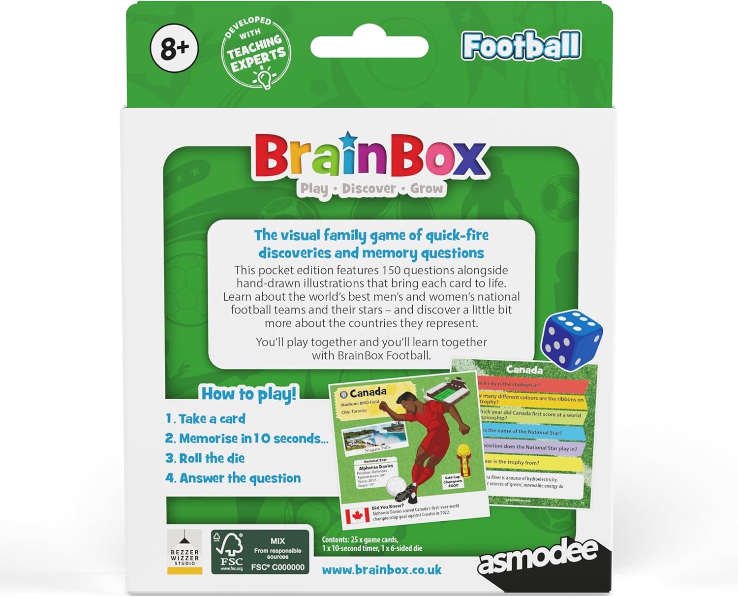 Asmodee | BrainBox Pocket - Football International Teams | Fun & Educational Travel Card Game | Ages 8+ | 1+ Players | 10+ Minutes Playing Time
