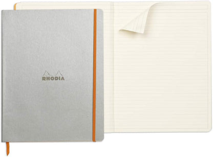 RHODIA 117701C - Silver Flexible Notebook - A4+ - Lined - 160 Detachable Pages - Ivory Clairefontaine Paper 90 g/m - Bookmark, Elastic Closure - Faux Leather Cover - Rhodiarama Collection