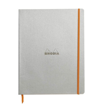 RHODIA 117701C - Silver Flexible Notebook - A4+ - Lined - 160 Detachable Pages - Ivory Clairefontaine Paper 90 g/m - Bookmark, Elastic Closure - Faux Leather Cover - Rhodiarama Collection