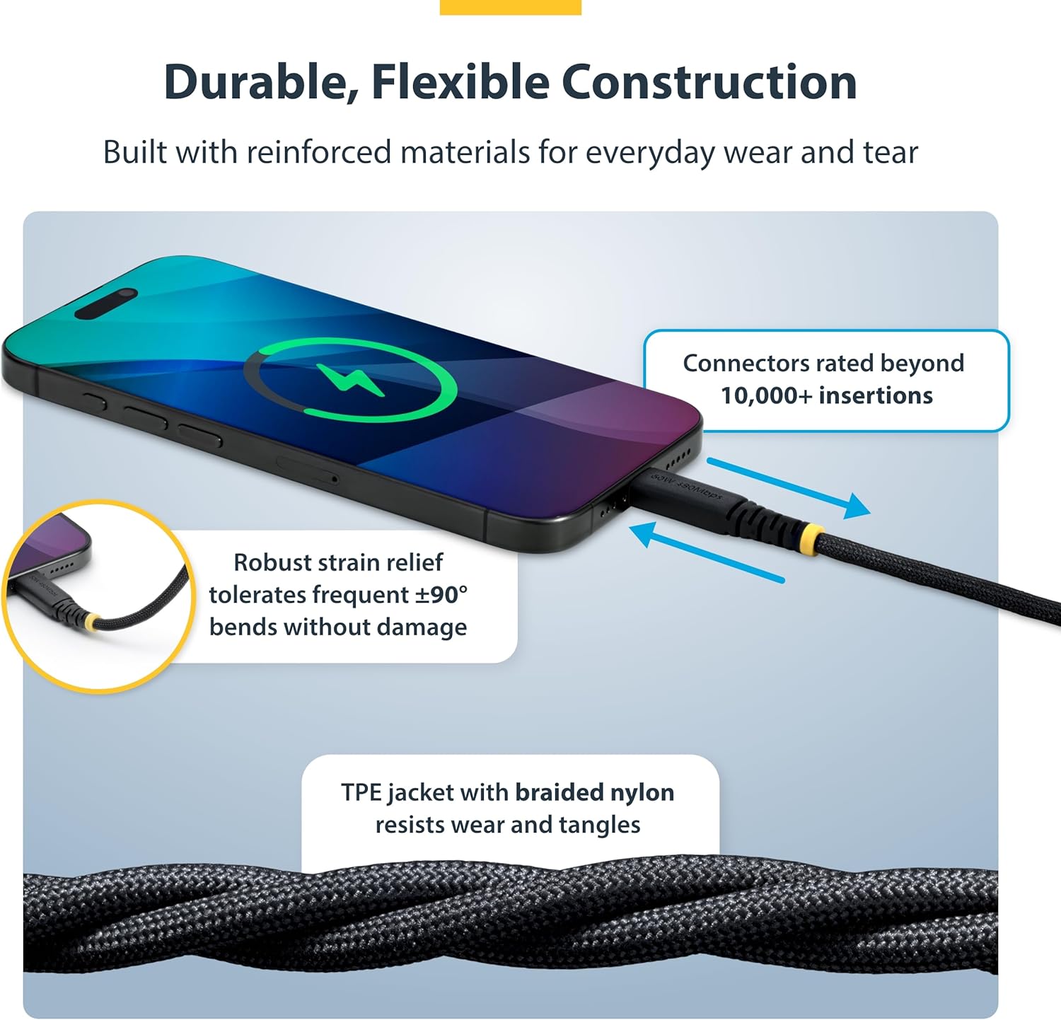 StarTech.com 1m (3ft) USB-C Charging Cable, 60W (3A) PD, Dual-Layer Braided Nylon/TPE Jacket, Rugged USB C Laptop Charger Cord