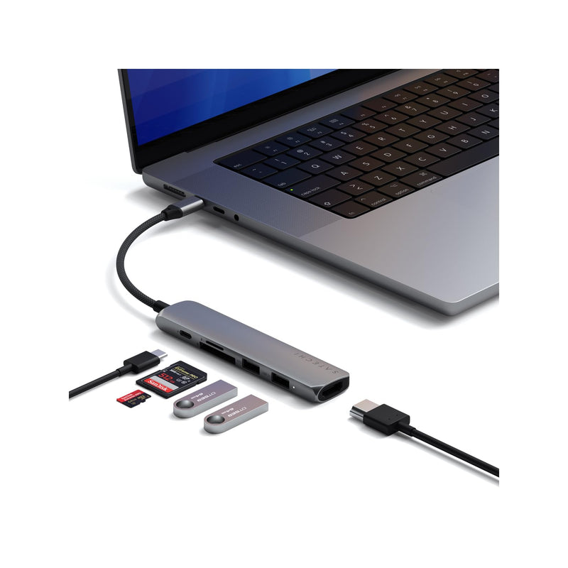 SATECHI 6-in-1 USB-C Hub Slim Plus Multiport Adaptor with HDMI 4K@60Hz, 100W USB-C PD Charging, 2x USB-A Data Ports, microSD/SD Card Readers for MacBook Air & Pro M5 M4 M3, iPad, Windows – Space Grey