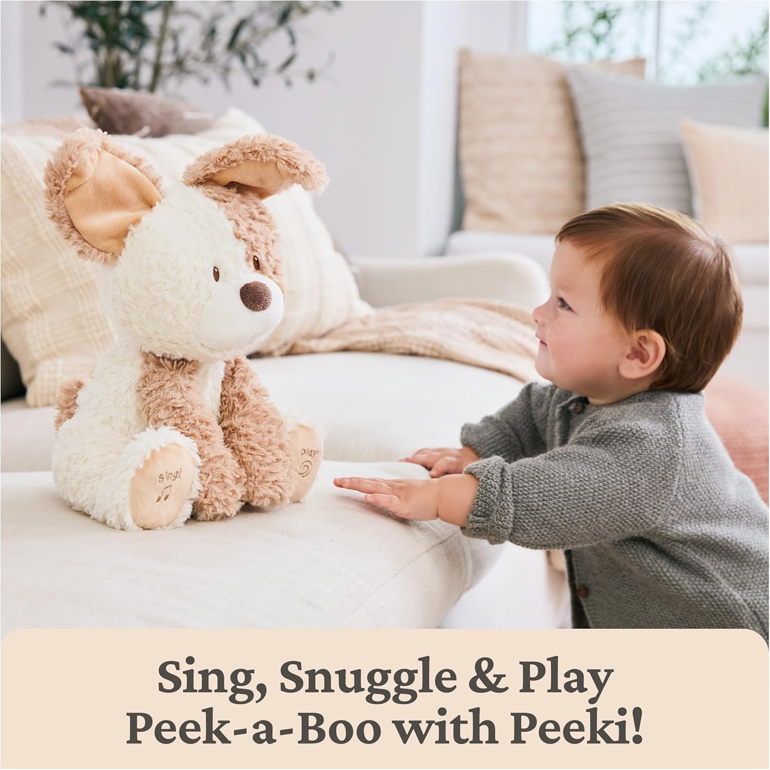 GUND Baby Peeki the Puppy Animated Plush, Singing Stuffed Animal, Sensory Toy for Babies and Toddlers, Plays Peek-a-Boo and Sings, Brown/Cream, 12”