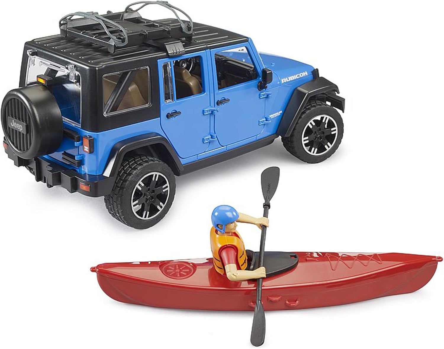 Bruder 02529 Jeep Wrangler Rubicon Unlimited with Kayak & Figure – 1:16 Scale Offroad Vehicle Toy, Compatible Accessories, Ages 4+