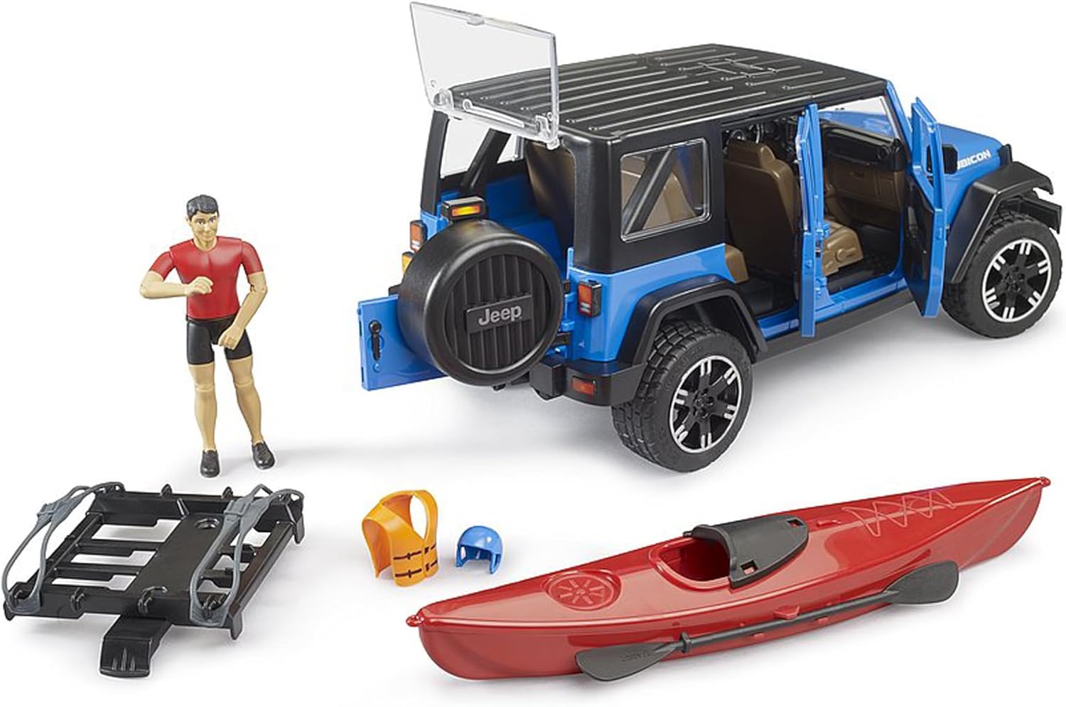 Bruder 02529 Jeep Wrangler Rubicon Unlimited with Kayak & Figure – 1:16 Scale Offroad Vehicle Toy, Compatible Accessories, Ages 4+
