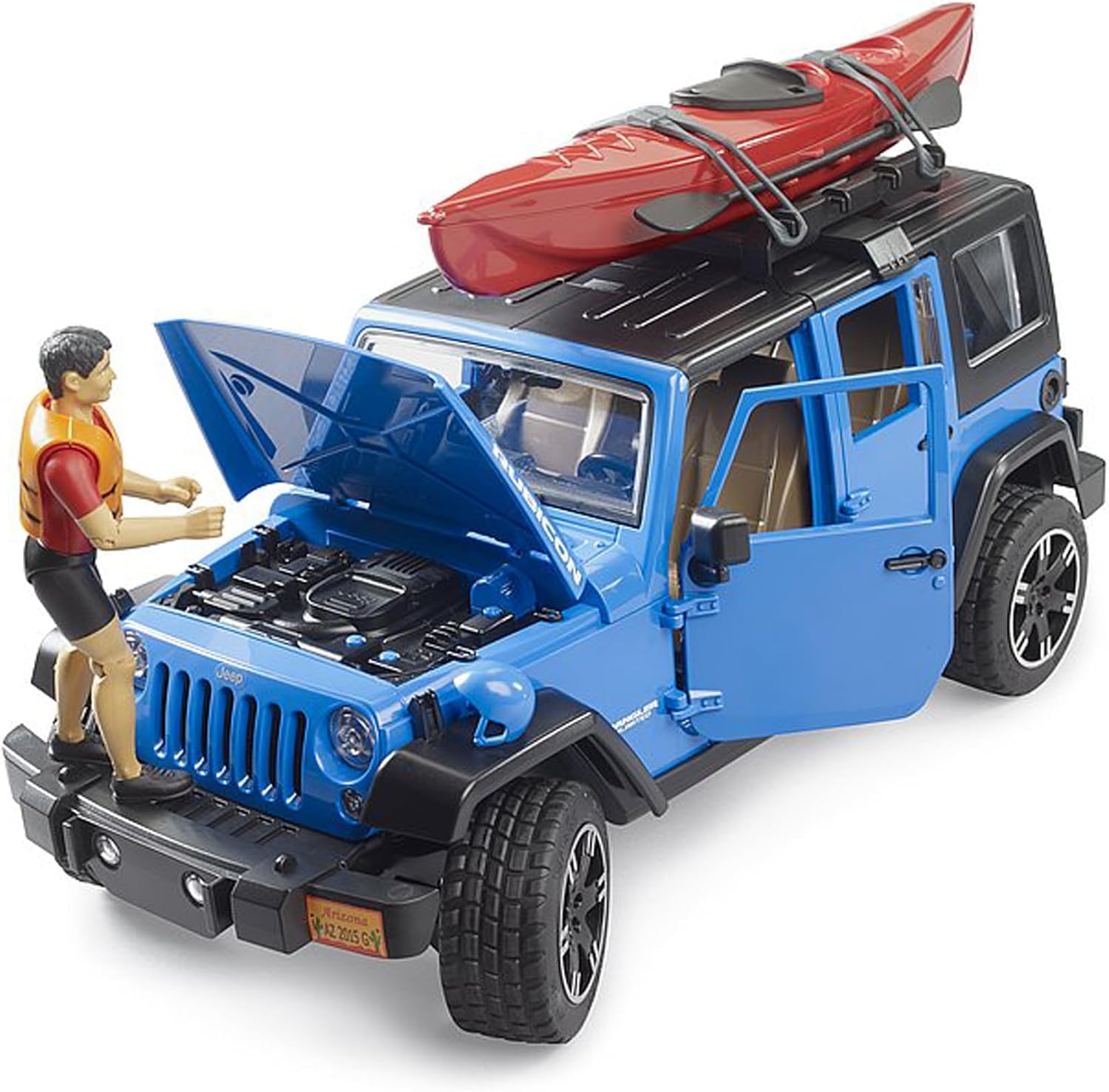 Bruder 02529 Jeep Wrangler Rubicon Unlimited with Kayak & Figure – 1:16 Scale Offroad Vehicle Toy, Compatible Accessories, Ages 4+