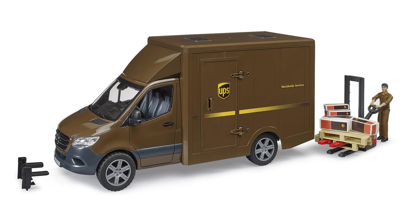 bruder Mercedes-Benz Sprinter UPS with Driver Hand Pallet Truck & Shipping Boxes - Shipping Logistics Transporter Parcel Service Van Truck 1:16, ages 4+