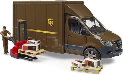 bruder Mercedes-Benz Sprinter UPS with Driver Hand Pallet Truck & Shipping Boxes - Shipping Logistics Transporter Parcel Service Van Truck 1:16, ages 4+
