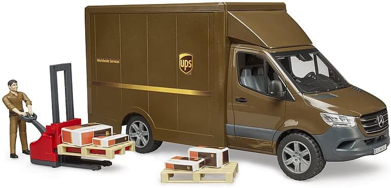 bruder Mercedes-Benz Sprinter UPS with Driver Hand Pallet Truck & Shipping Boxes - Shipping Logistics Transporter Parcel Service Van Truck 1:16, ages 4+
