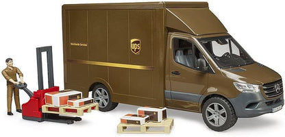 bruder Mercedes-Benz Sprinter UPS with Driver Hand Pallet Truck & Shipping Boxes - Shipping Logistics Transporter Parcel Service Van Truck 1:16, ages 4+